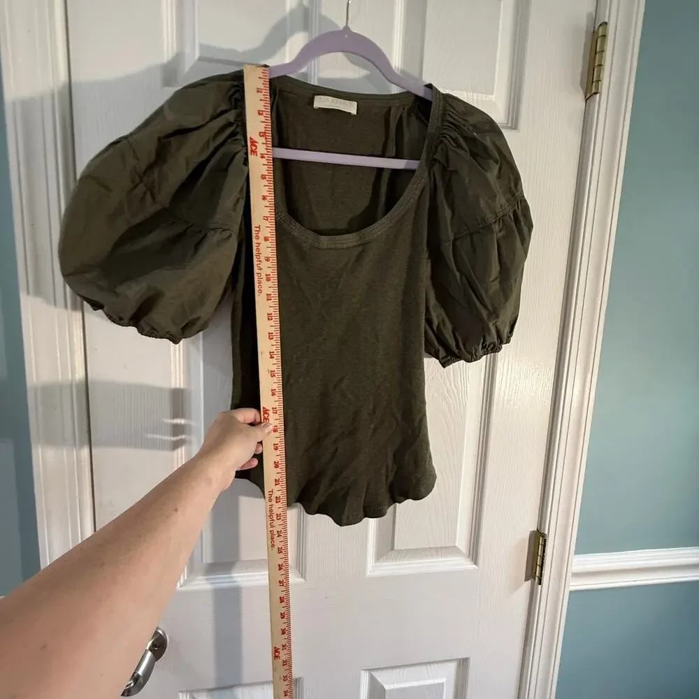 Ulla Johnson Womens M Olive Green Puff Sleeve Cotton Ribbed Top SS 2022
